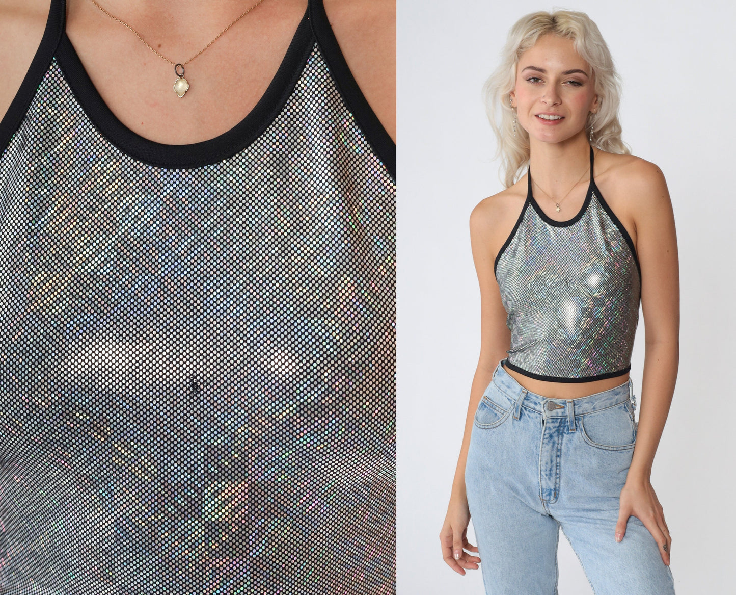 Y2K Holographic Halter Crop Top Silver Sparkly Open Back Tank Medium