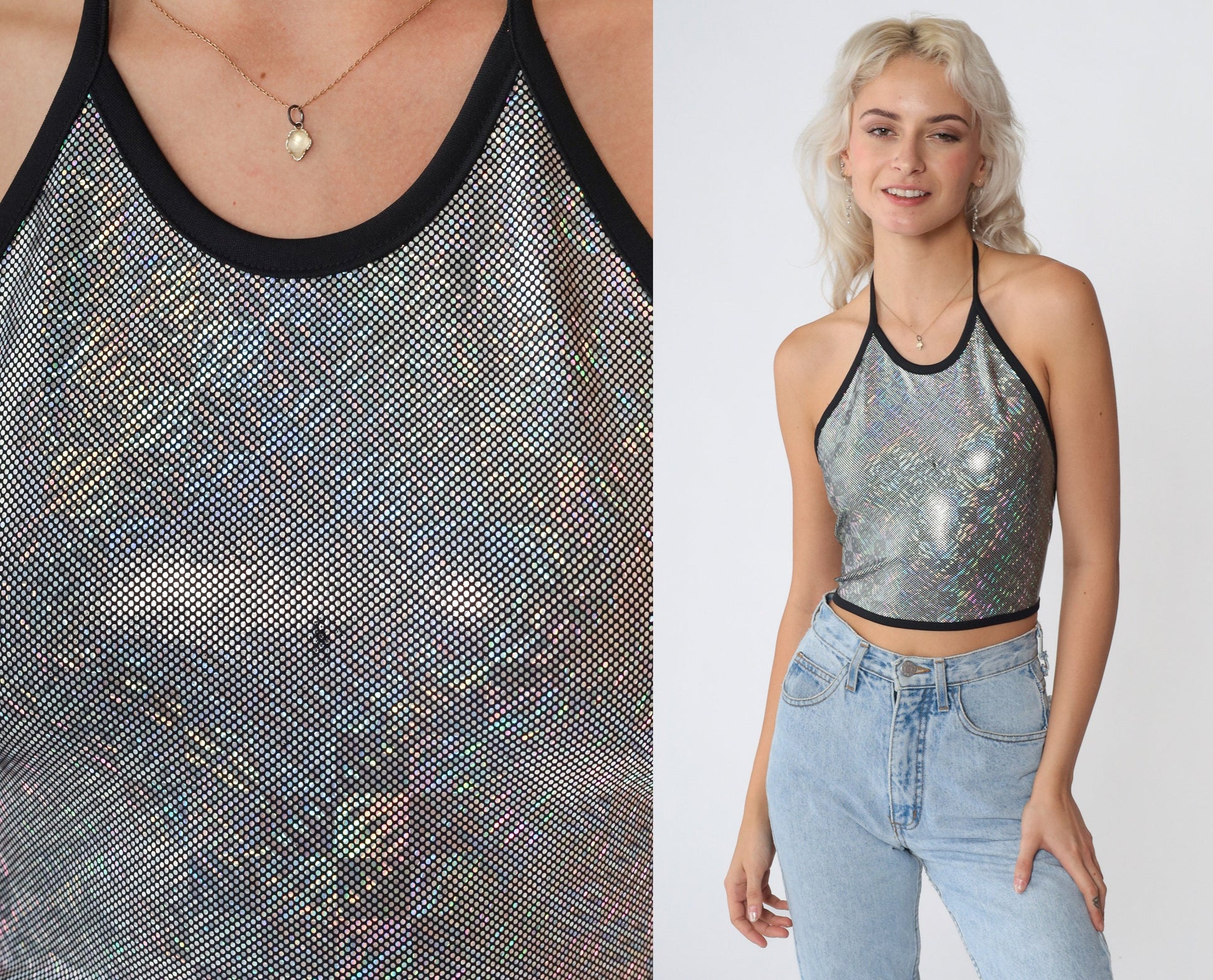 Y2K Holographic Halter Crop Top Silver Sparkly Open Back Tank Medium