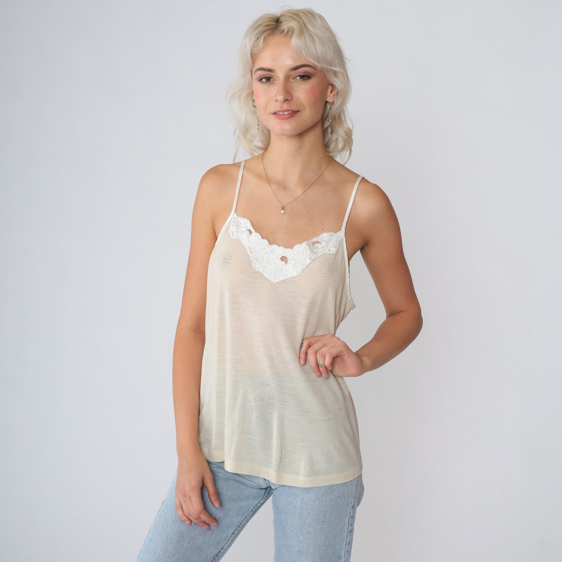 90s Beige Camisole Tank Top White Floral Applique Semi-Sheer Medium