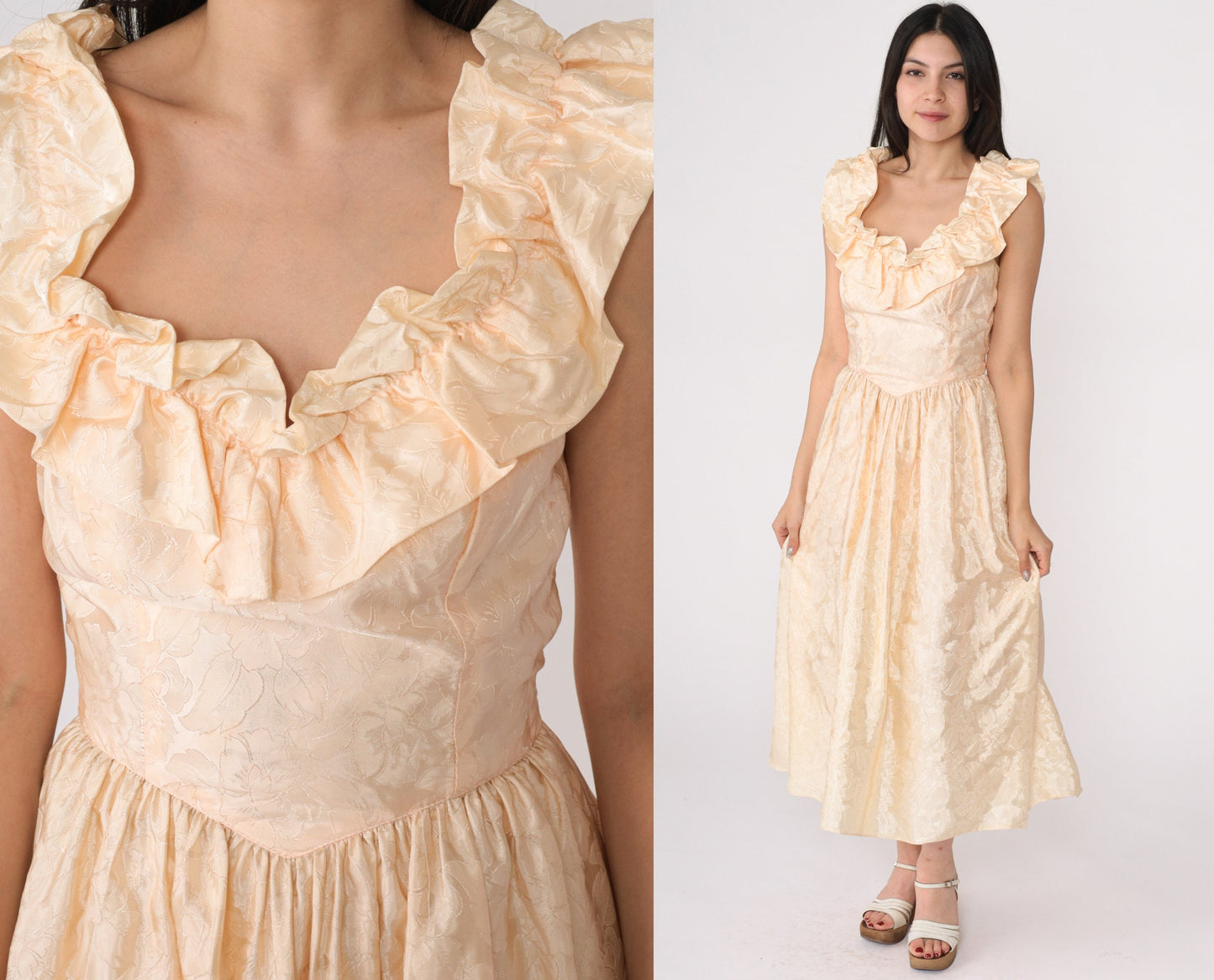 80s Peach Floral Embossed Prom Dress Basque Waist Midi Ruffled Neckline Small
