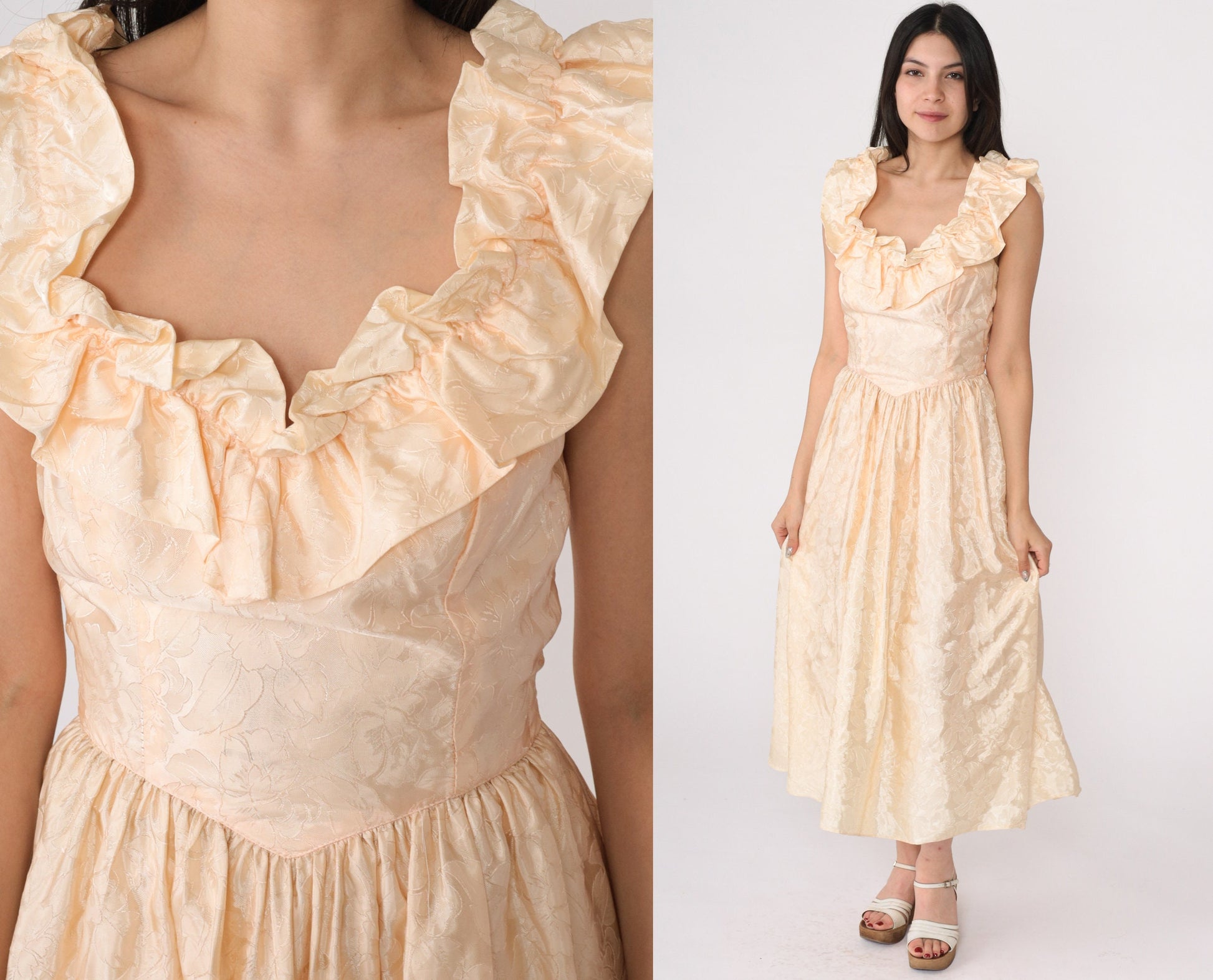 80s Peach Floral Embossed Prom Dress Basque Waist Midi Ruffled Neckline Small