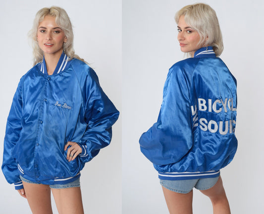 90s The Bicycle Source Blue Satin Bomber Jacket Joe Stern BMX Extra Large XL