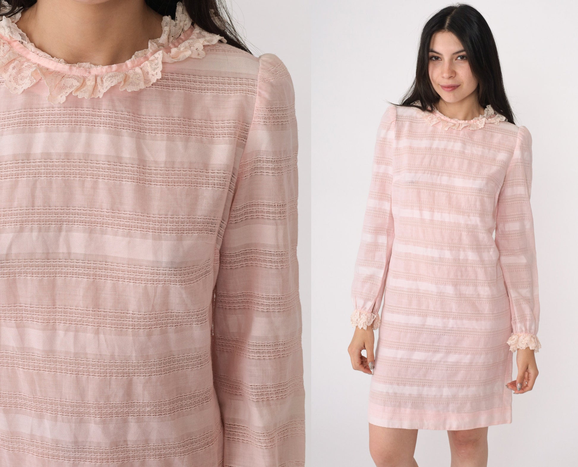 1960s Vicky Vaughn Mod Mini Dress Baby Pink Striped Lace Puff Sleeve Extra Small