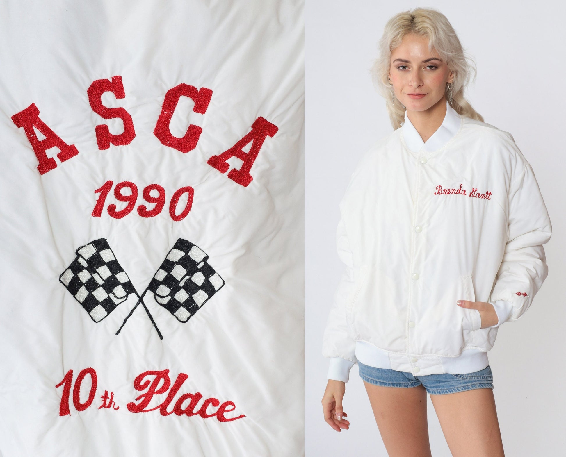 90s ASCA Stock Car Racing Bomber Jacket White Snap Windbreaker Medium