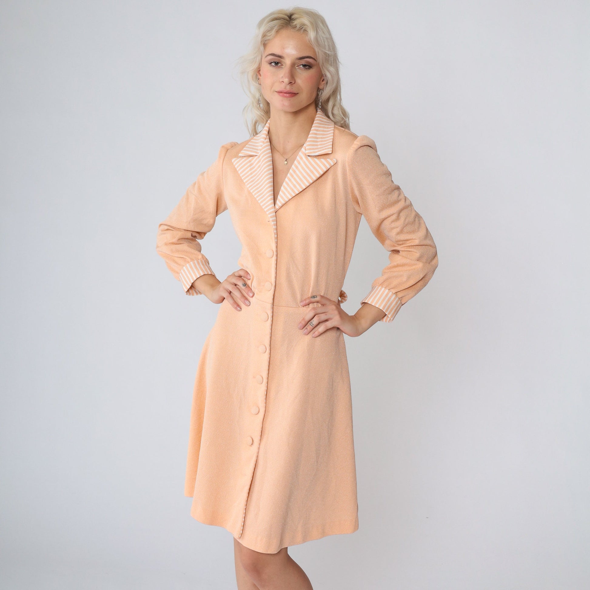 70s Peach Mini Shirtdress Puff Sleeve Striped Collar Button-Up Small