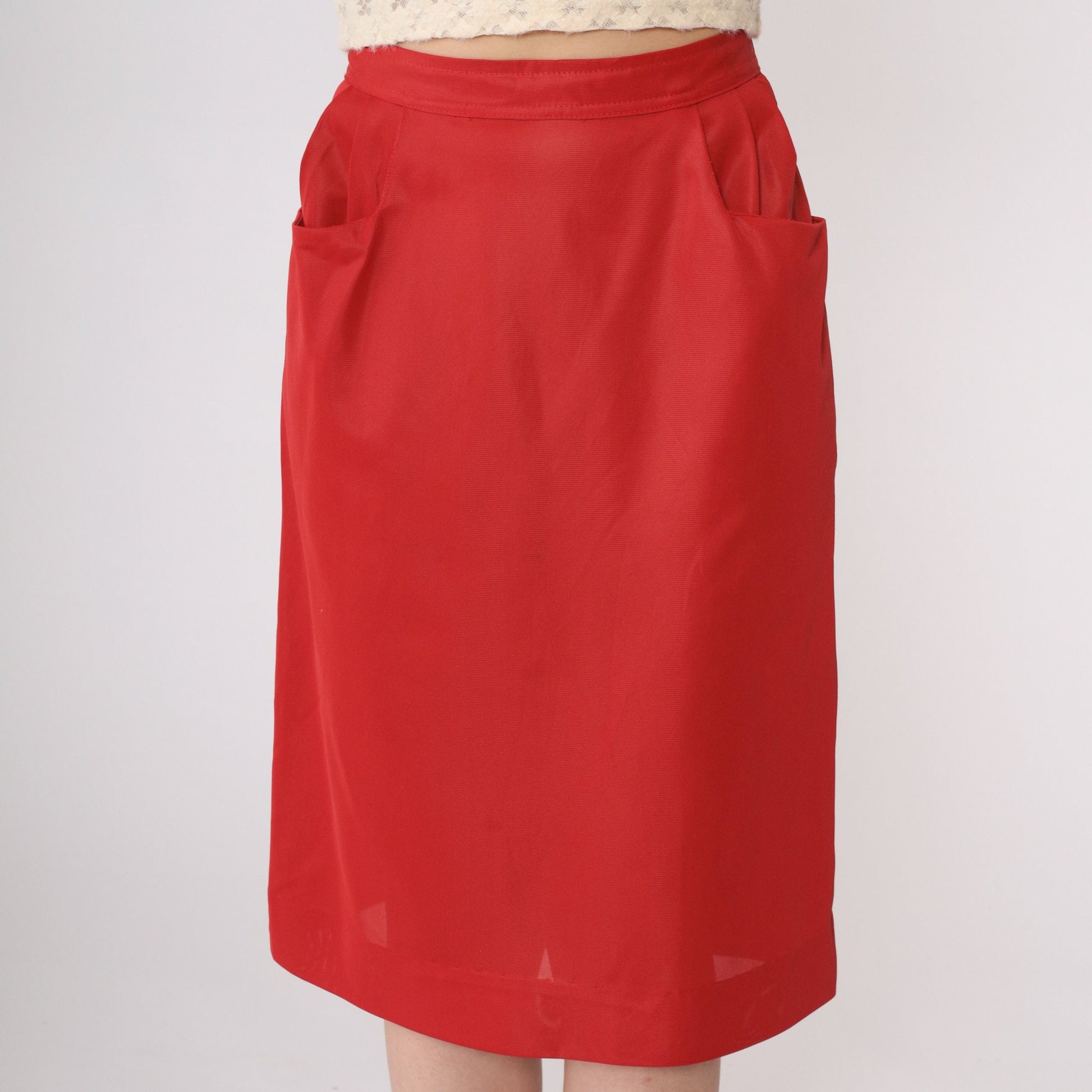 60s Red Pencil Skirt High Waist Midi Rear Zip Extra Small