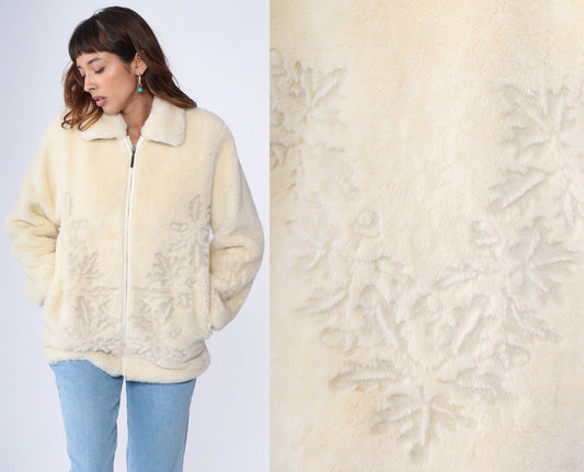 00s Cream Faux Fur Jacket Leaf Print Zip-Up Medium