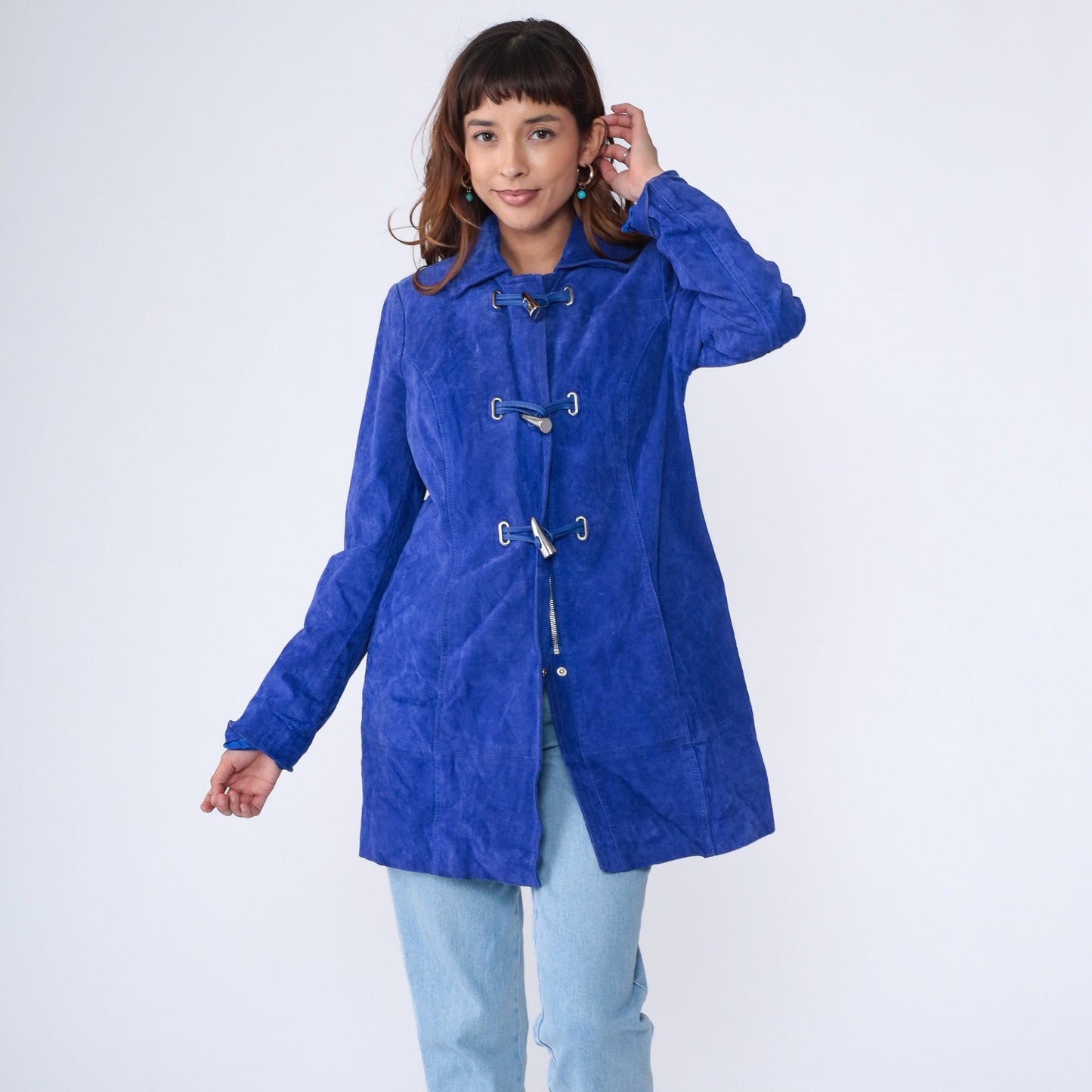 Y2K Royal Blue Suede Jacket Toggle Button Longline Small