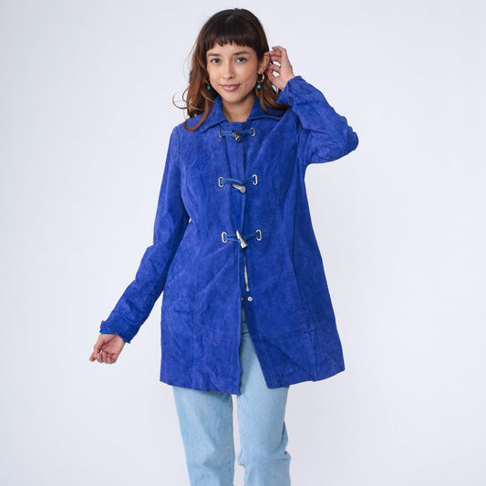 Y2K Royal Blue Suede Jacket Toggle Button Longline Small