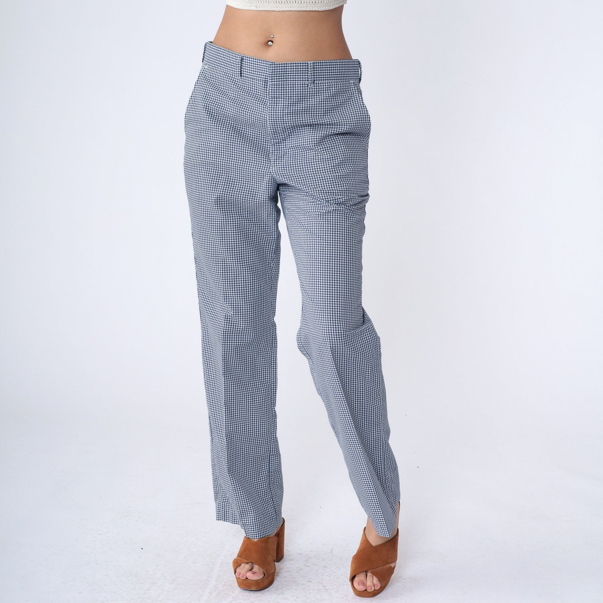 70s Dark Blue White Gingham Straight Leg Trousers High Waist Medium