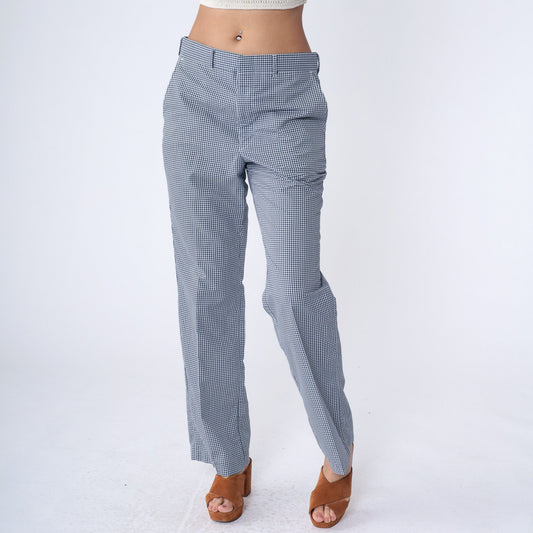 70s Dark Blue White Gingham Straight Leg Trousers High Waist Medium