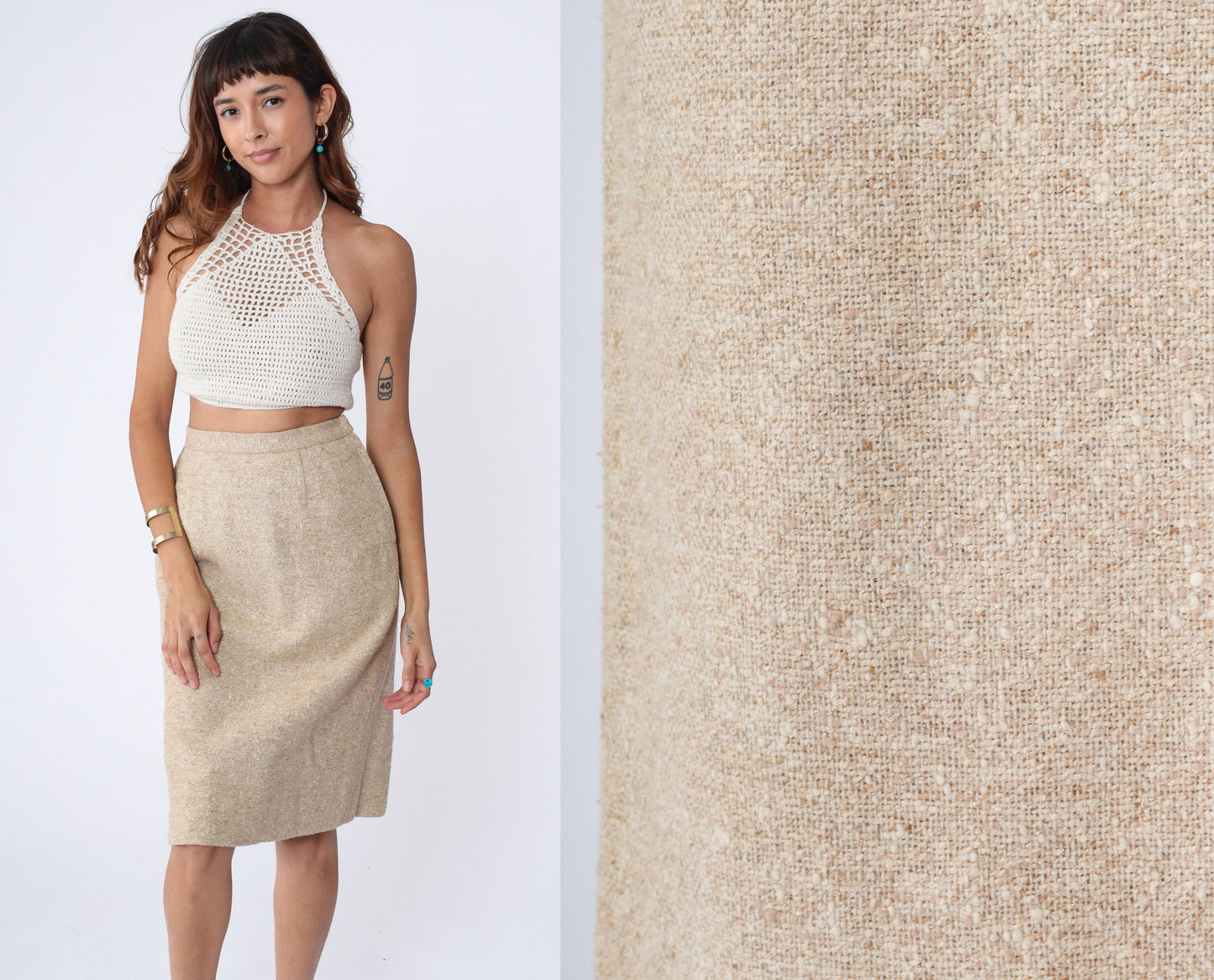 80s Beige Tweed Pencil Skirt Wool High Waist Midi Small