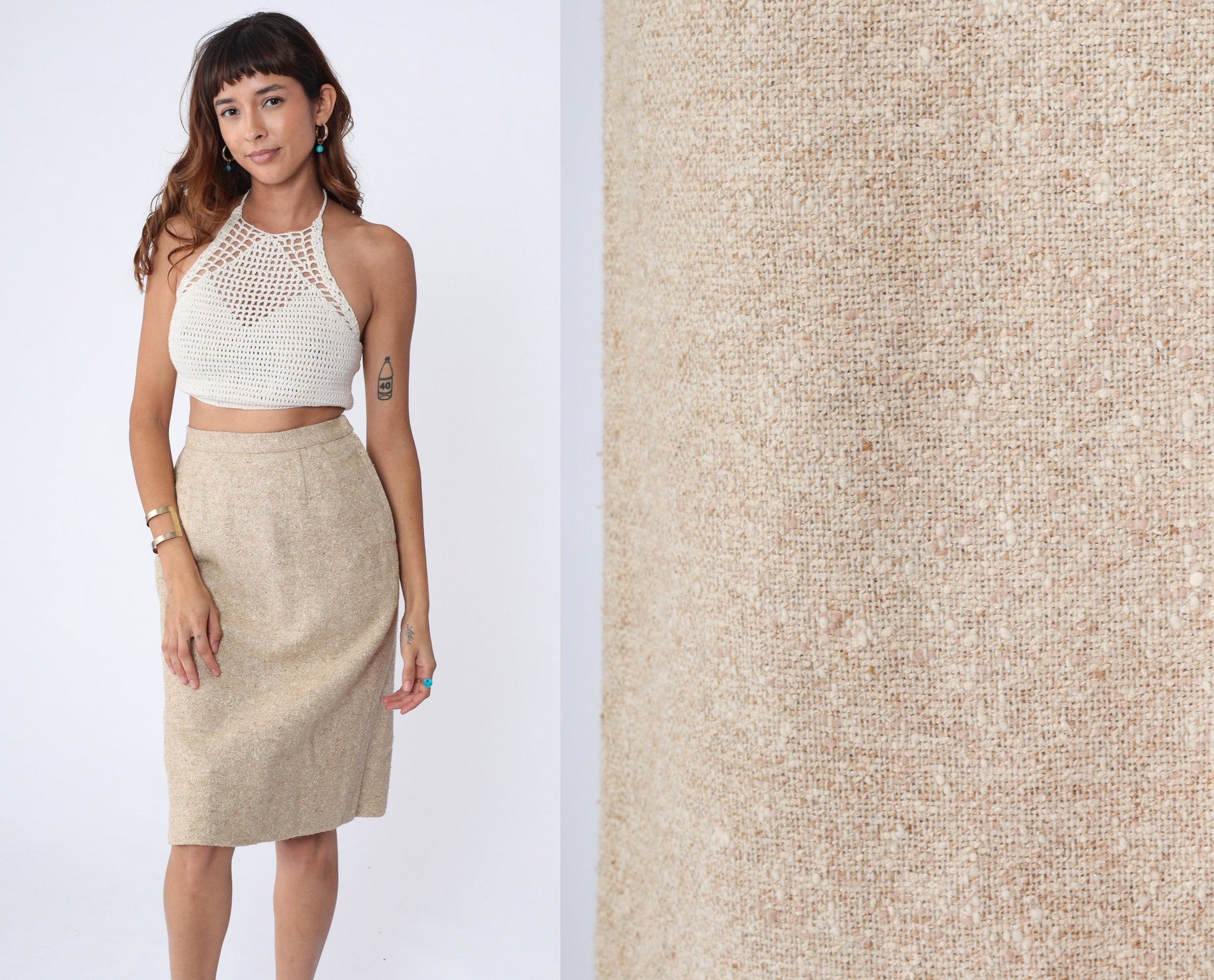 80s Beige Tweed Pencil Skirt Wool High Waist Midi Small