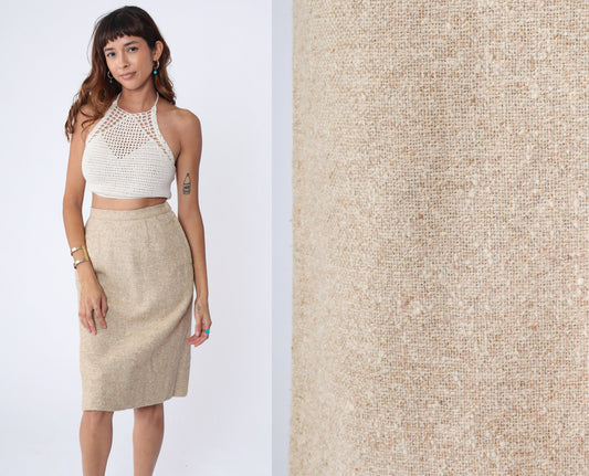 80s Beige Tweed Pencil Skirt Wool High Waist Midi Small