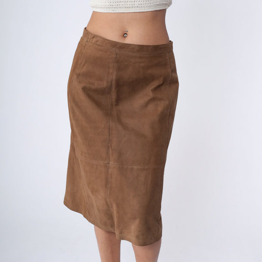80s Brown Leather Pencil Skirt High Waist Kick Pleat Knee Length Medium