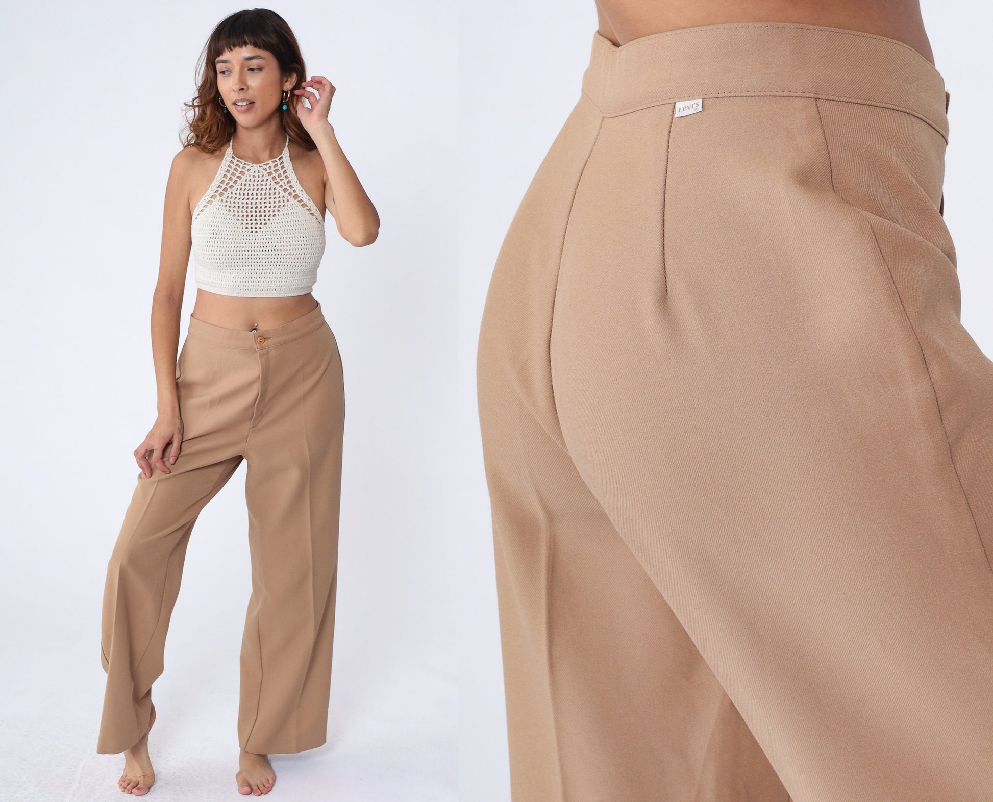 70s Levi's Tan High-Waist Wide-Leg Trousers Straight Leg Medium 30