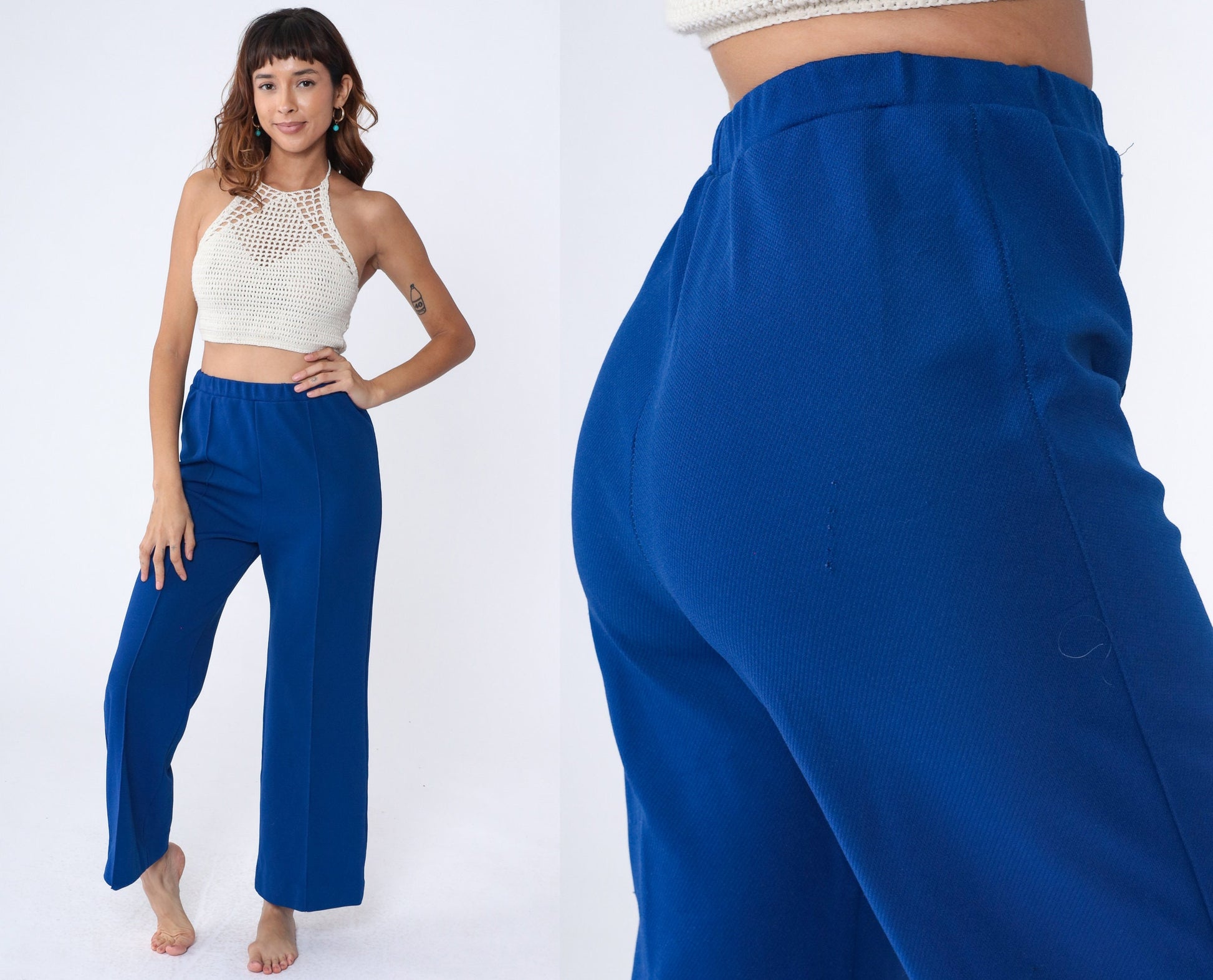 70s Pykette Royal Blue Bell Bottom Pants High Waist Polyester Small Medium