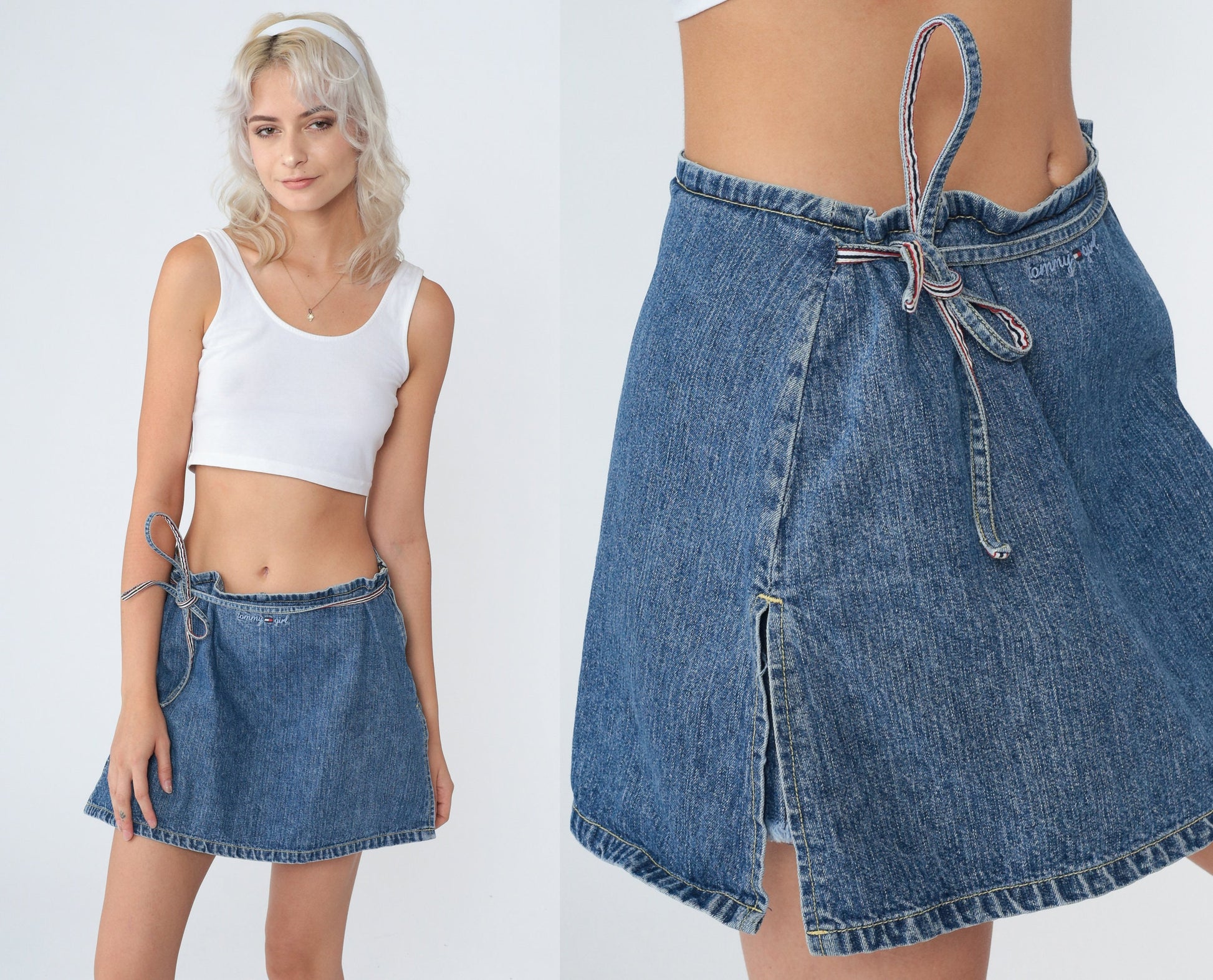 Tommy Hilfiger Y2K Denim Skort Blue Wrap Mini Embroidered Logo Medium