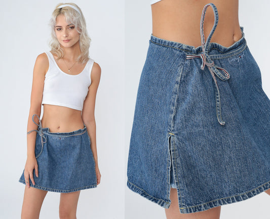 Tommy Hilfiger Y2K Denim Skort Blue Wrap Mini Embroidered Logo Medium