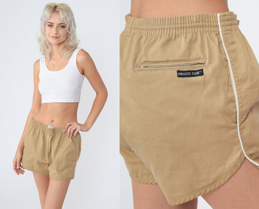 80s Tan Running Shorts White Ringer Trim Mid Rise Cotton Medium