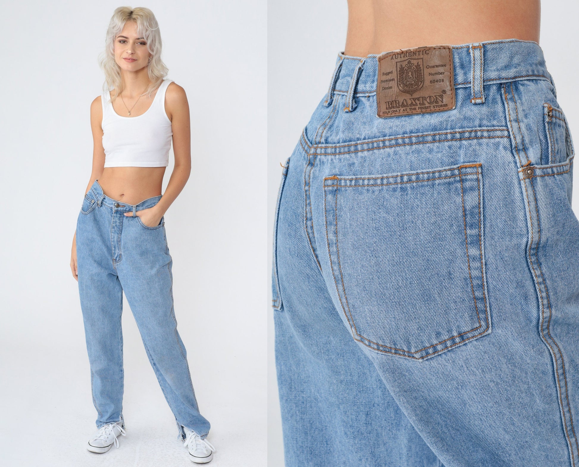 90s High Waisted Tapered Jeans Blue Denim Ankle Slit Medium M