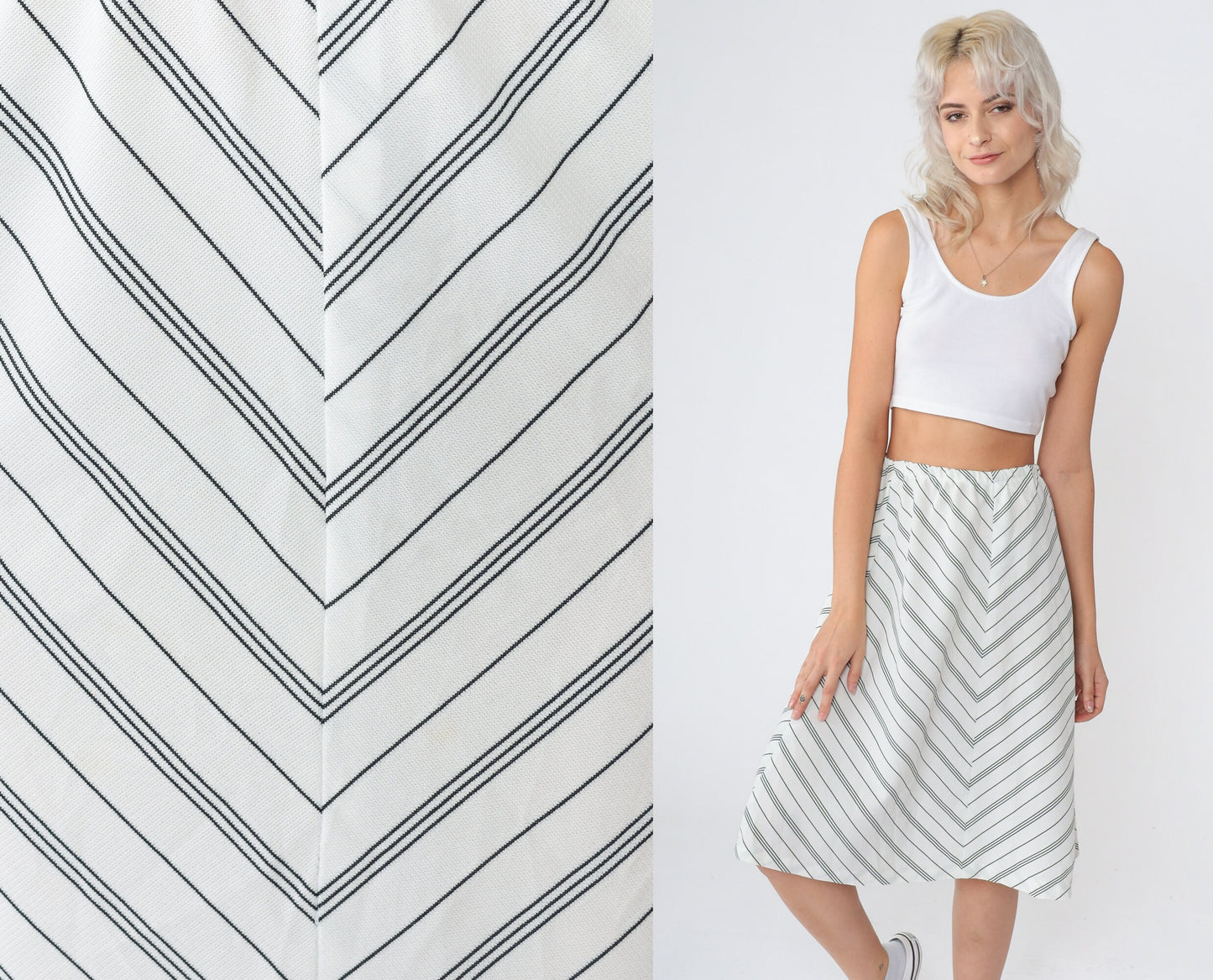 70s Chevron Striped Midi Skirt White Black High Waist A-Line Extra Small