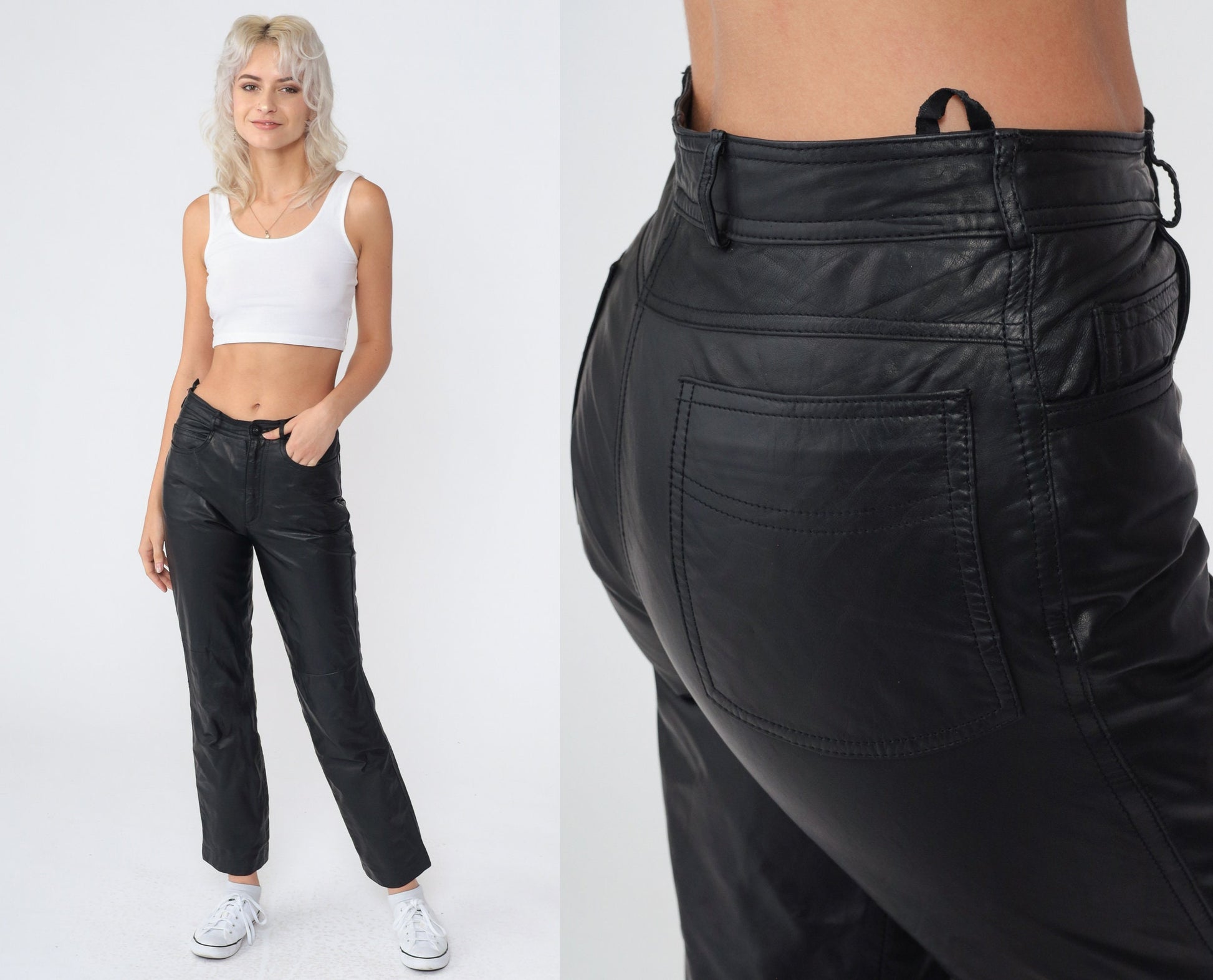 80s Black Leather Pants Straight Leg Ankle Punk Trousers Extra Small