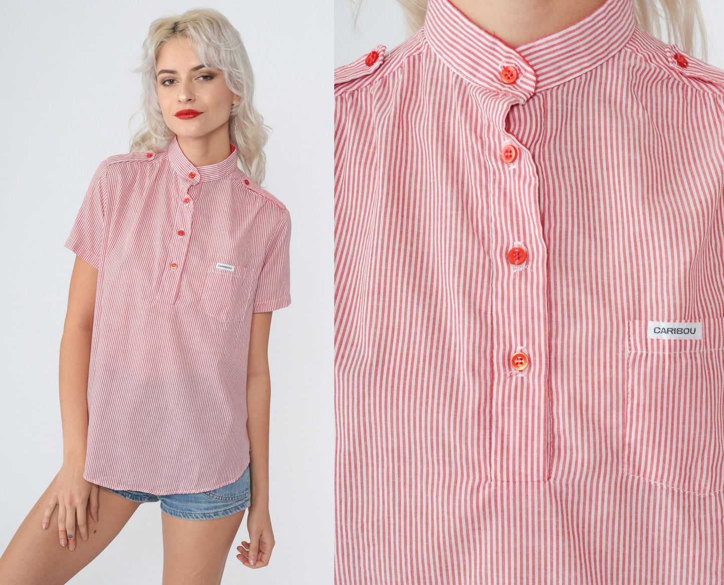 80s Caribou Pinstriped Blouse Red White Half-Button Short Sleeve Medium
