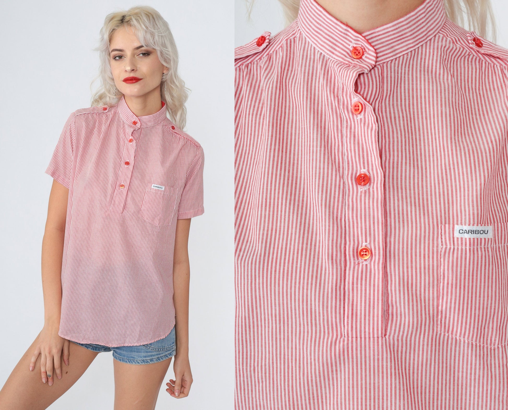 80s Caribou Pinstriped Blouse Red White Half-Button Short Sleeve Medium