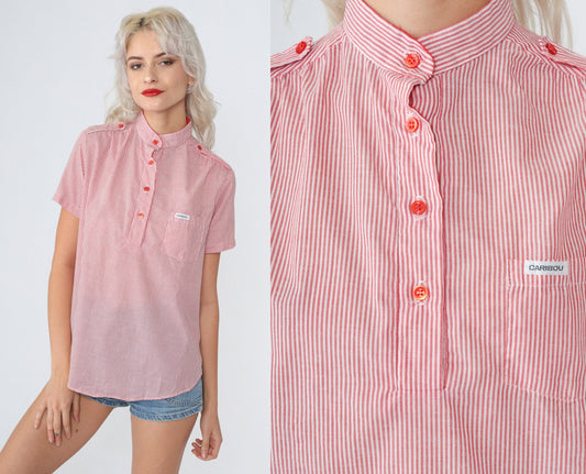 80s Caribou Pinstriped Blouse Red White Half-Button Short Sleeve Medium