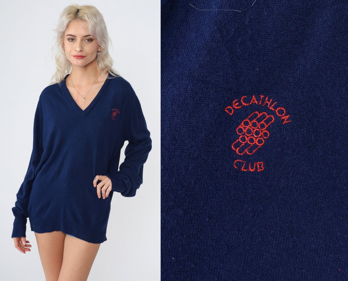 80s Izod Decathlon Club Navy V-Neck Sweater Knit Jumper Large L