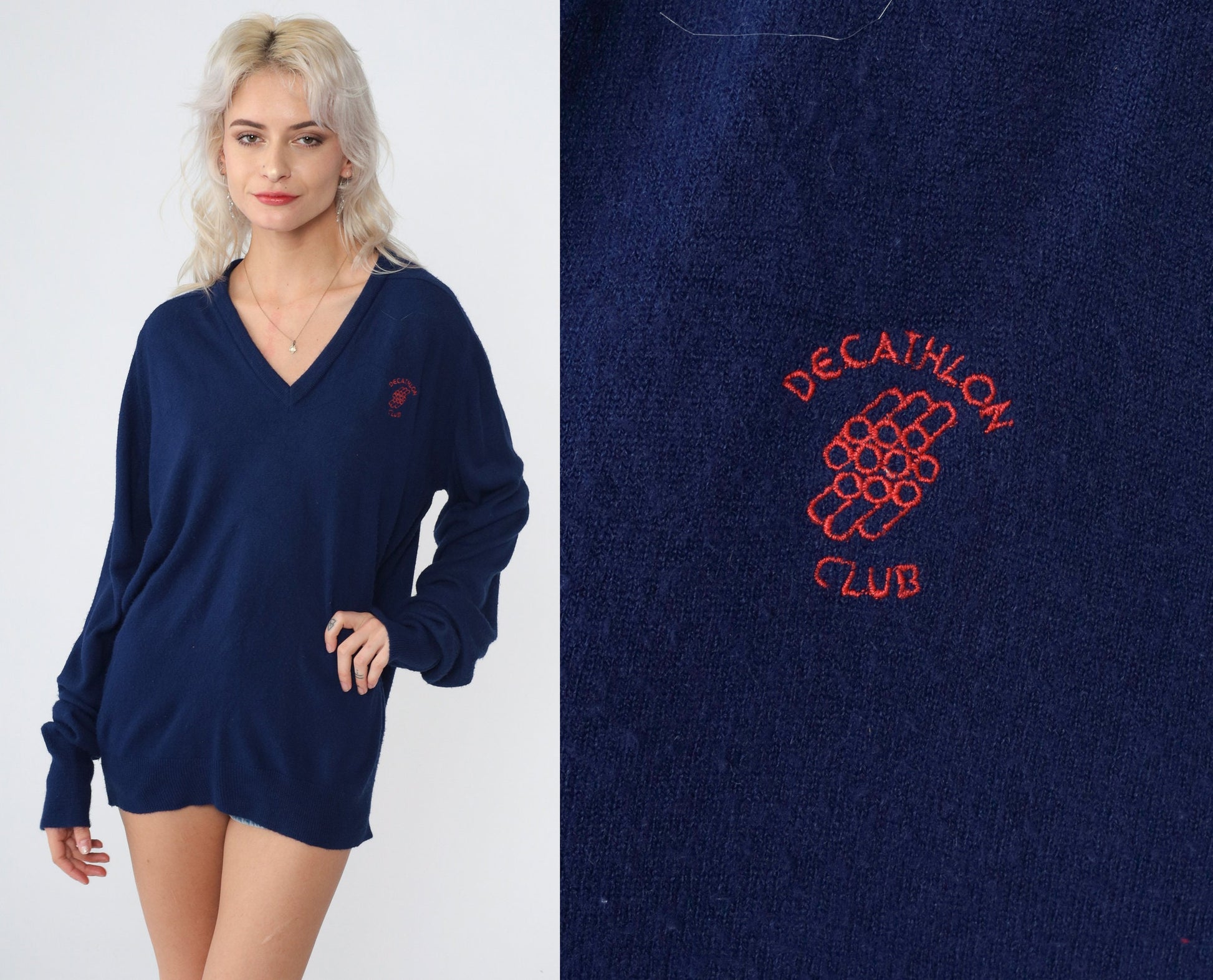 80s Izod Decathlon Club Navy V-Neck Sweater Knit Jumper Large L