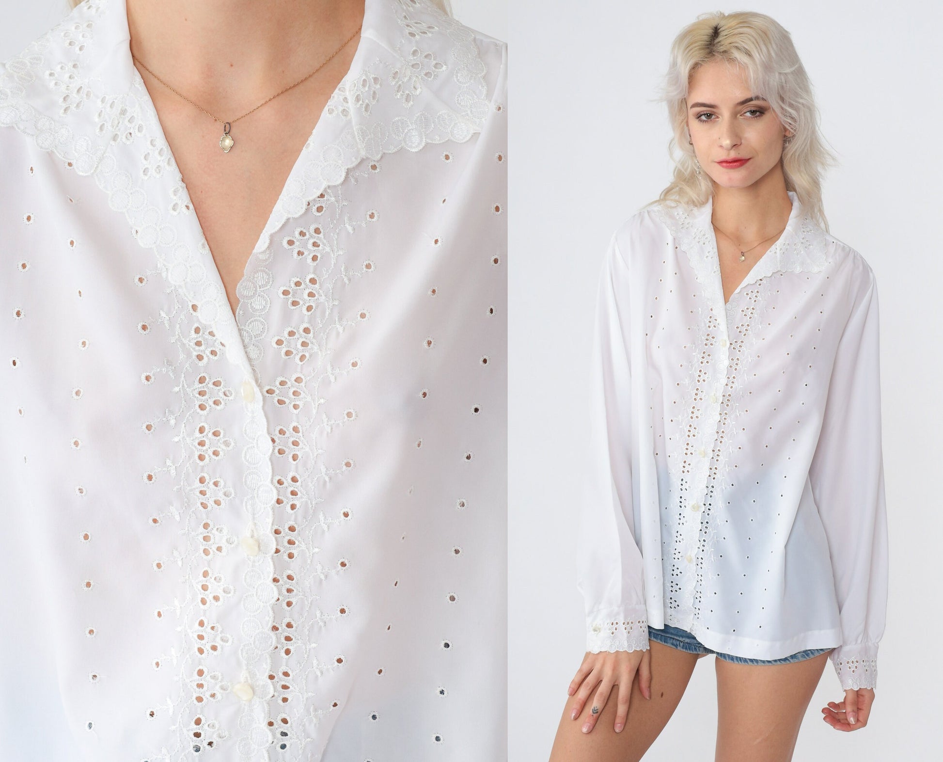 70s Lee Mar White Embroidered Floral Cutwork Blouse Button-Up Medium M