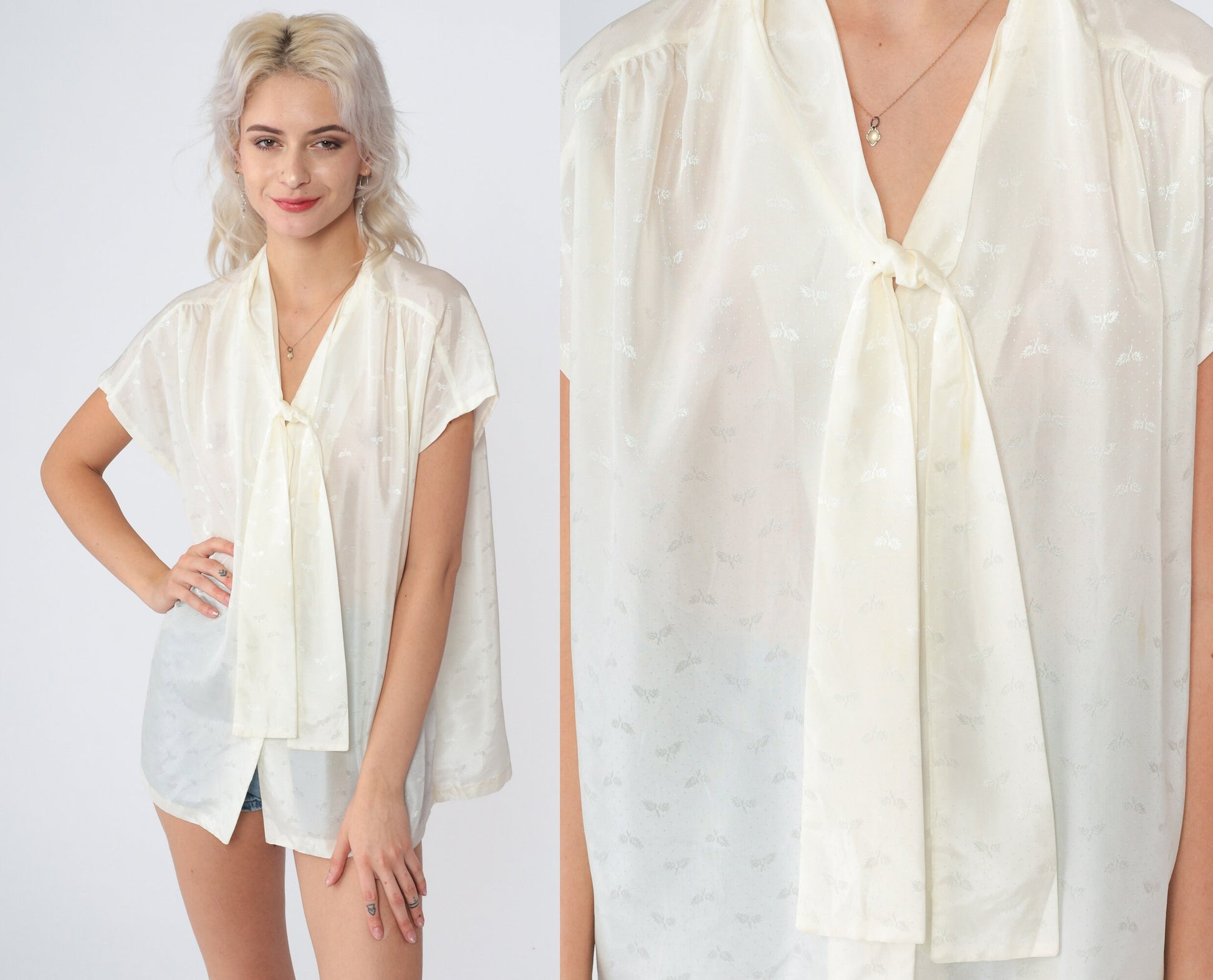 80s Pykettes Necktie Blouse Cream Embossed Leaf Print Semi-Sheer Button-Up Extra Large XL