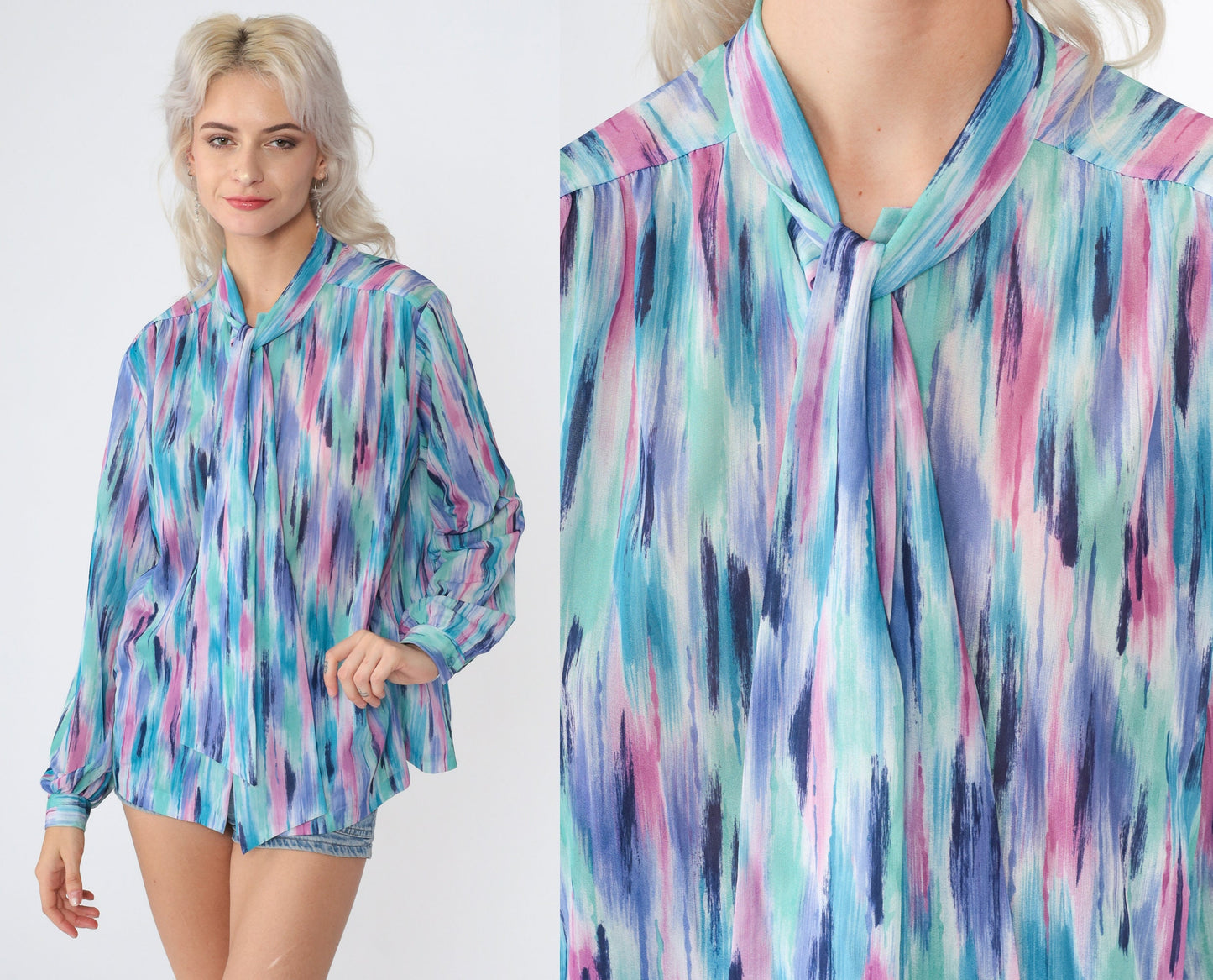 70s Ascot Blouse Brushstroke Print Neck Tie Long Sleeve Blue Purple Pink Large