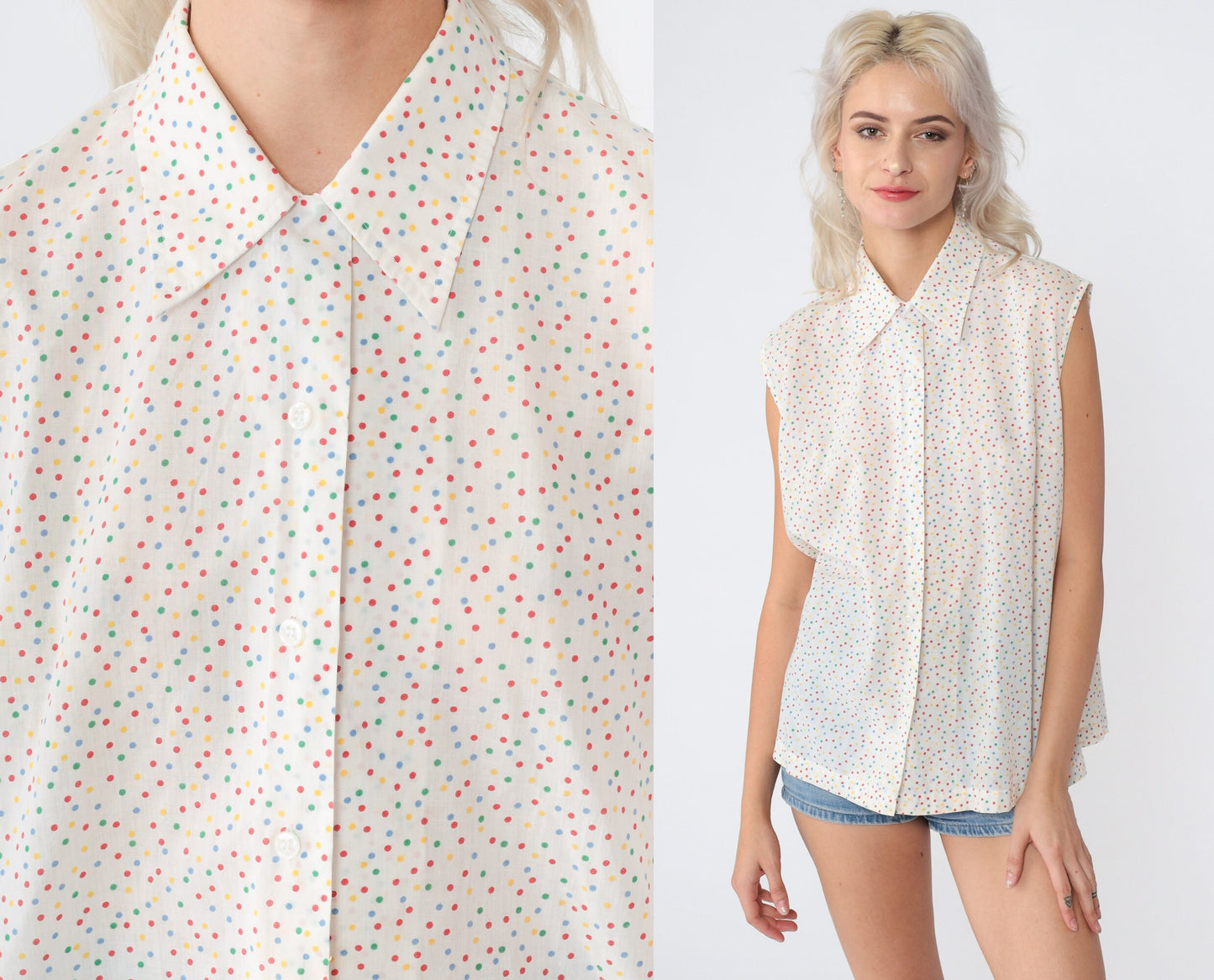 80s Polka Dot Sleeveless Blouse White Multicolor Button-Up Collared Tank Large L