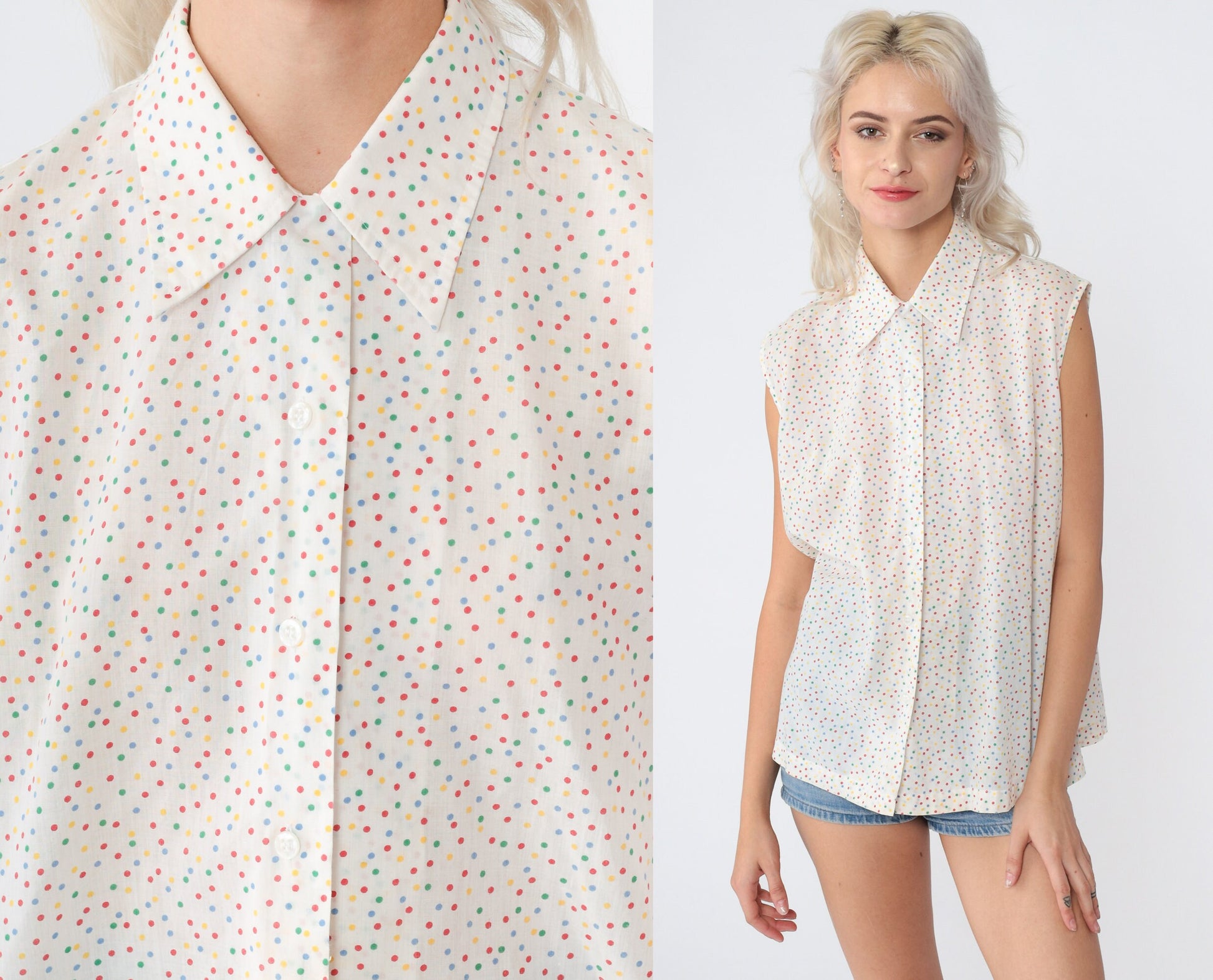 80s Polka Dot Sleeveless Blouse White Multicolor Button-Up Collared Tank Large L