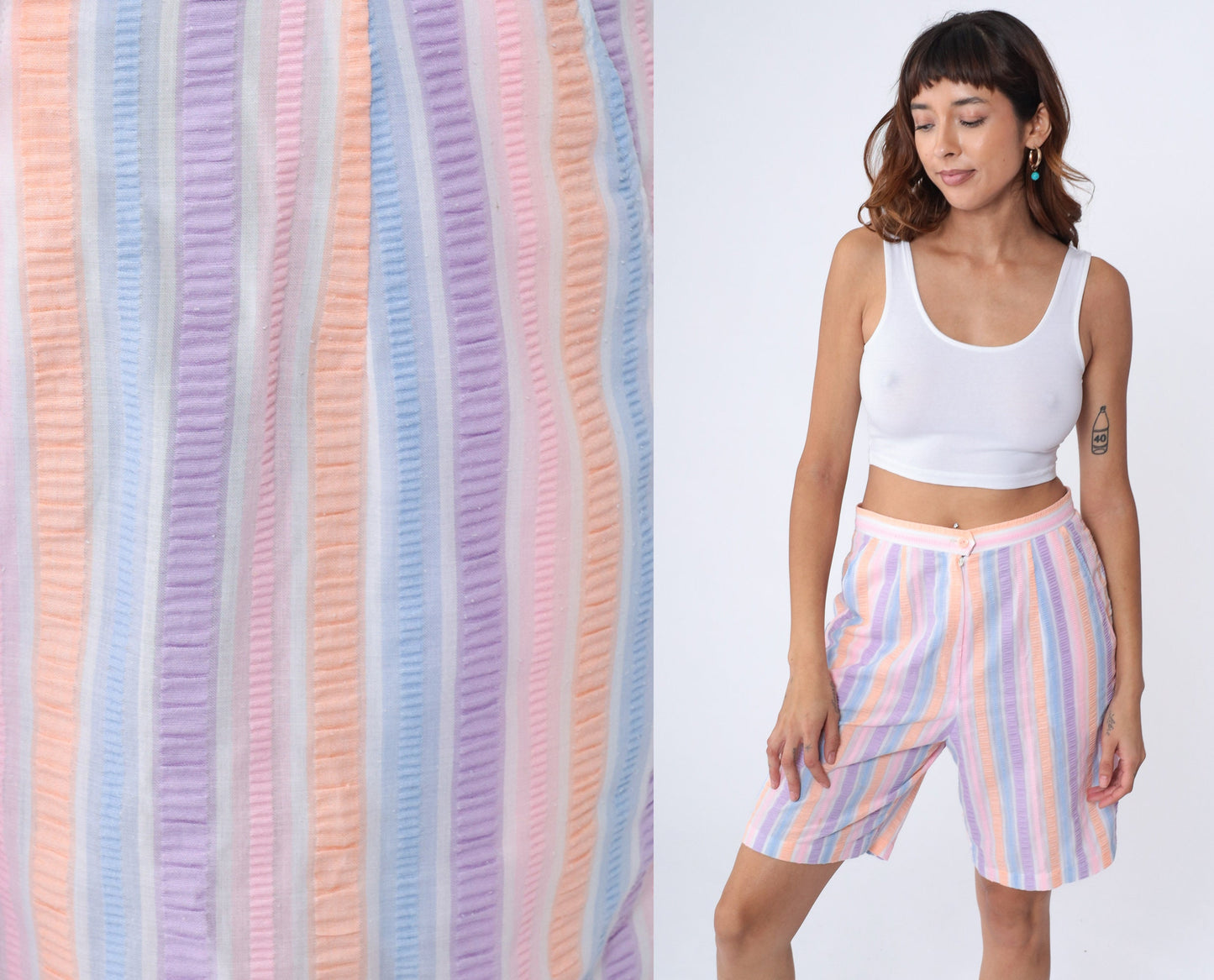 80s Seersucker Shorts High Waist Striped Pink Purple Orange Medium