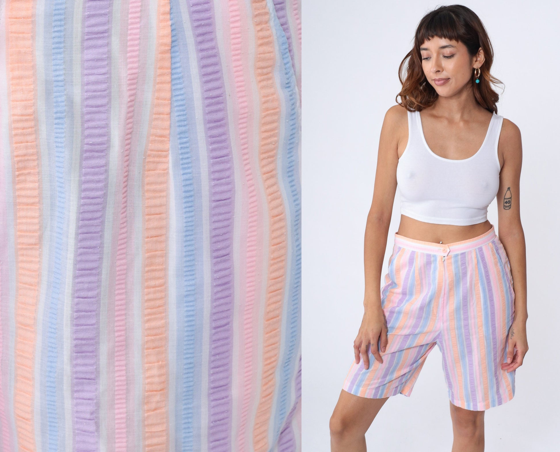 80s Seersucker Shorts High Waist Striped Pink Purple Orange Medium
