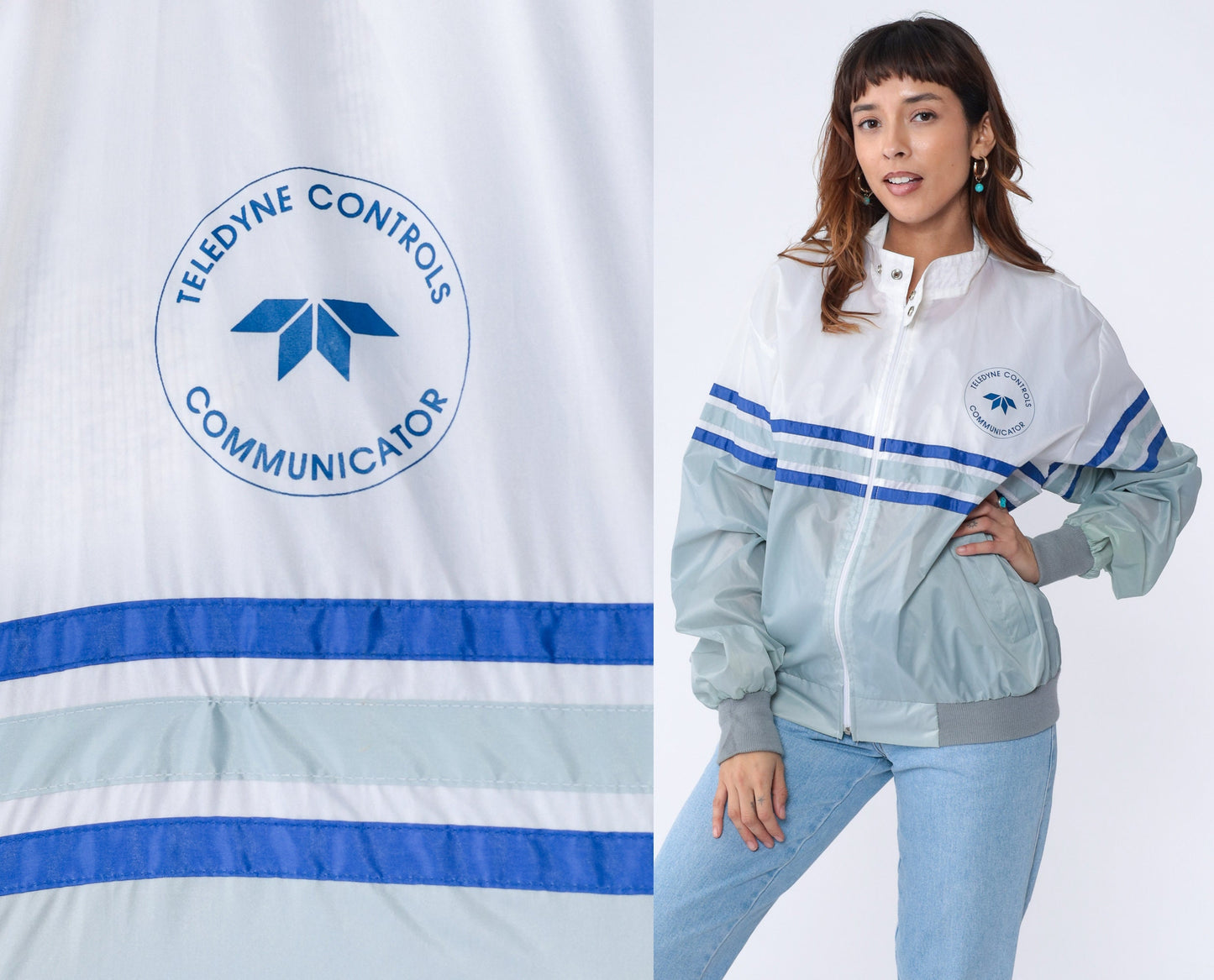 80s Teledyne Controls Windbreaker Aircraft Jacket Grey White Stripe Extra Large XL