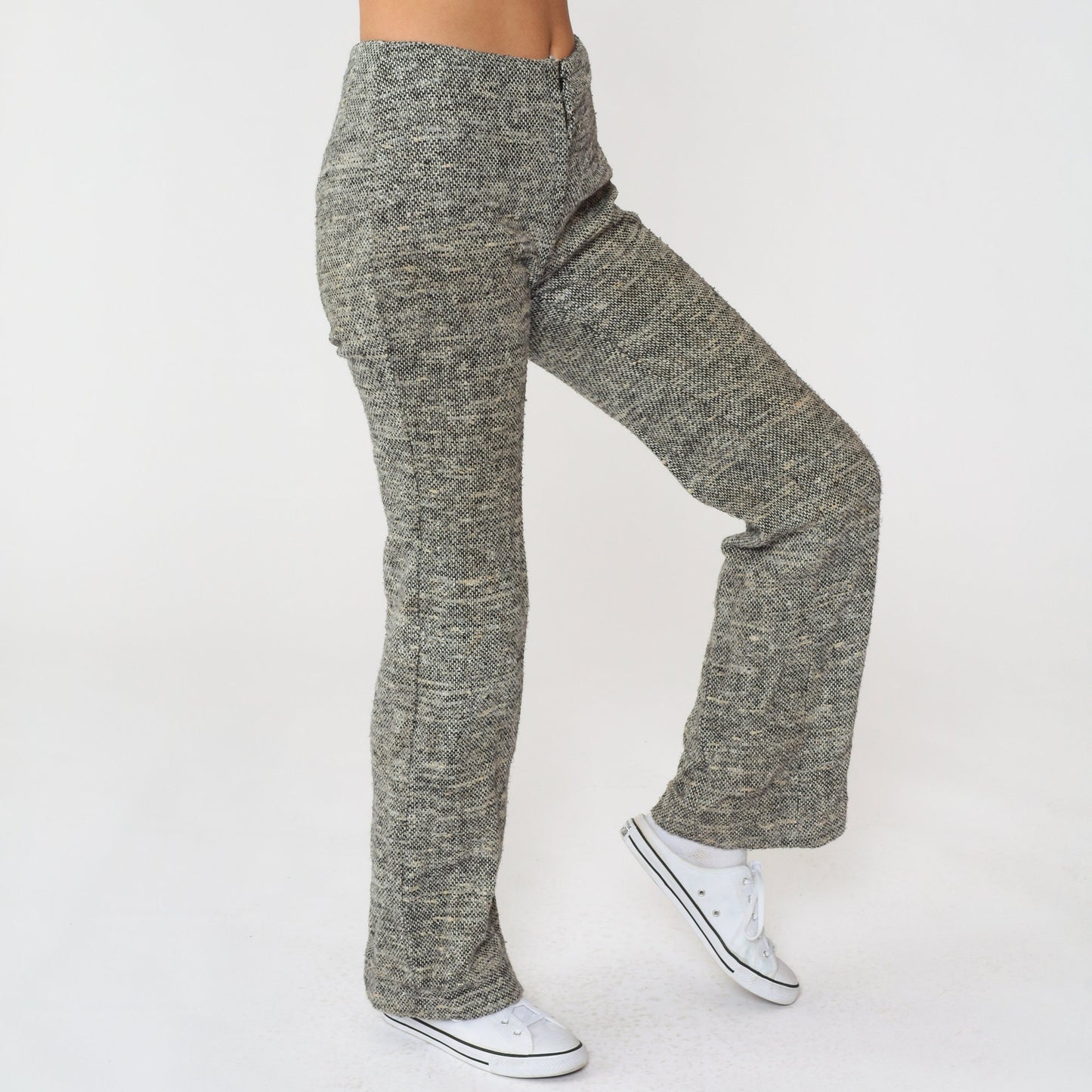 70s Wool Flared Trousers Black White Flecked Mid Rise Extra Small