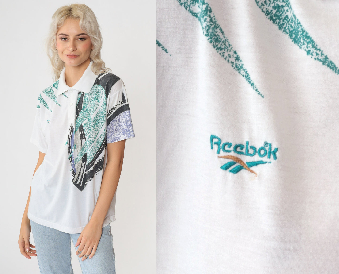 90s Reebok Polo Shirt Abstract Geometric Print White Collared Medium