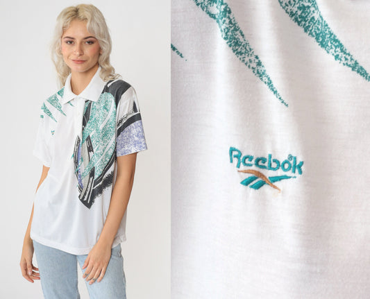 90s Reebok Polo Shirt Abstract Geometric Print White Collared Medium