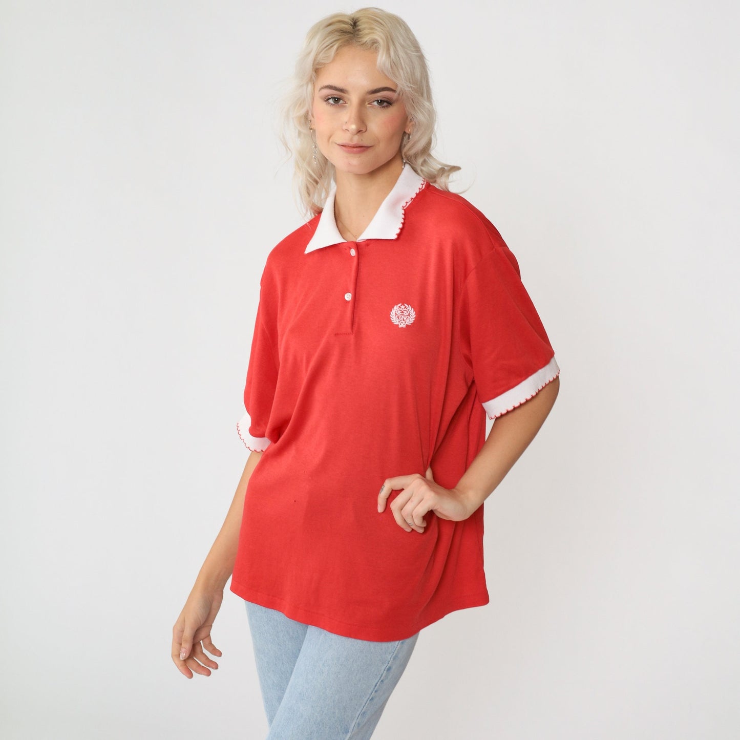 80s Red Polo Shirt GW Embroidered Crest Half Button Ringer Extra Large XL