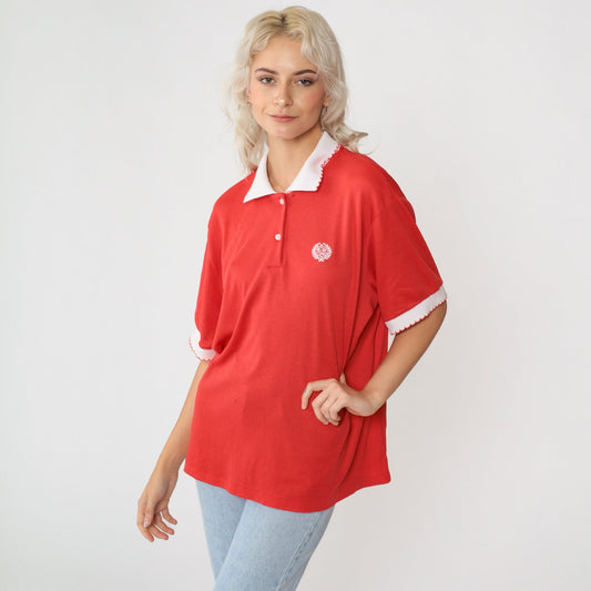 80s Red Polo Shirt GW Embroidered Crest Half Button Ringer Extra Large XL