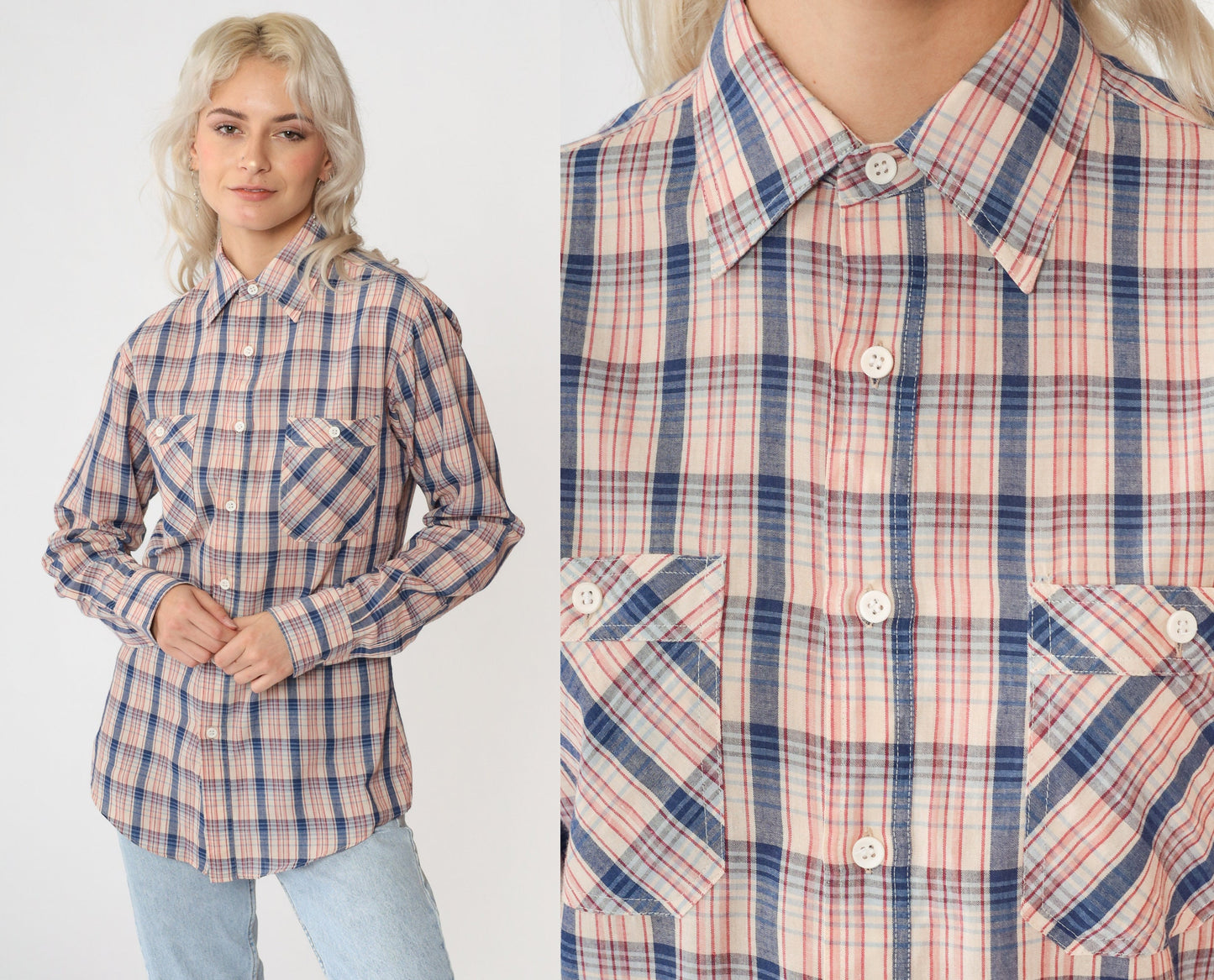 80s Saturdays in California Plaid Button-Up Shirt Blue Red Cream Small
