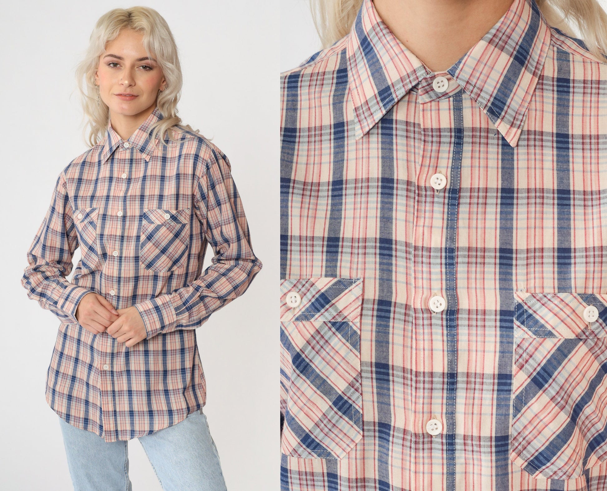 80s Saturdays in California Plaid Button-Up Shirt Blue Red Cream Small
