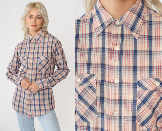 80s Saturdays in California Plaid Button-Up Shirt Blue Red Cream Small
