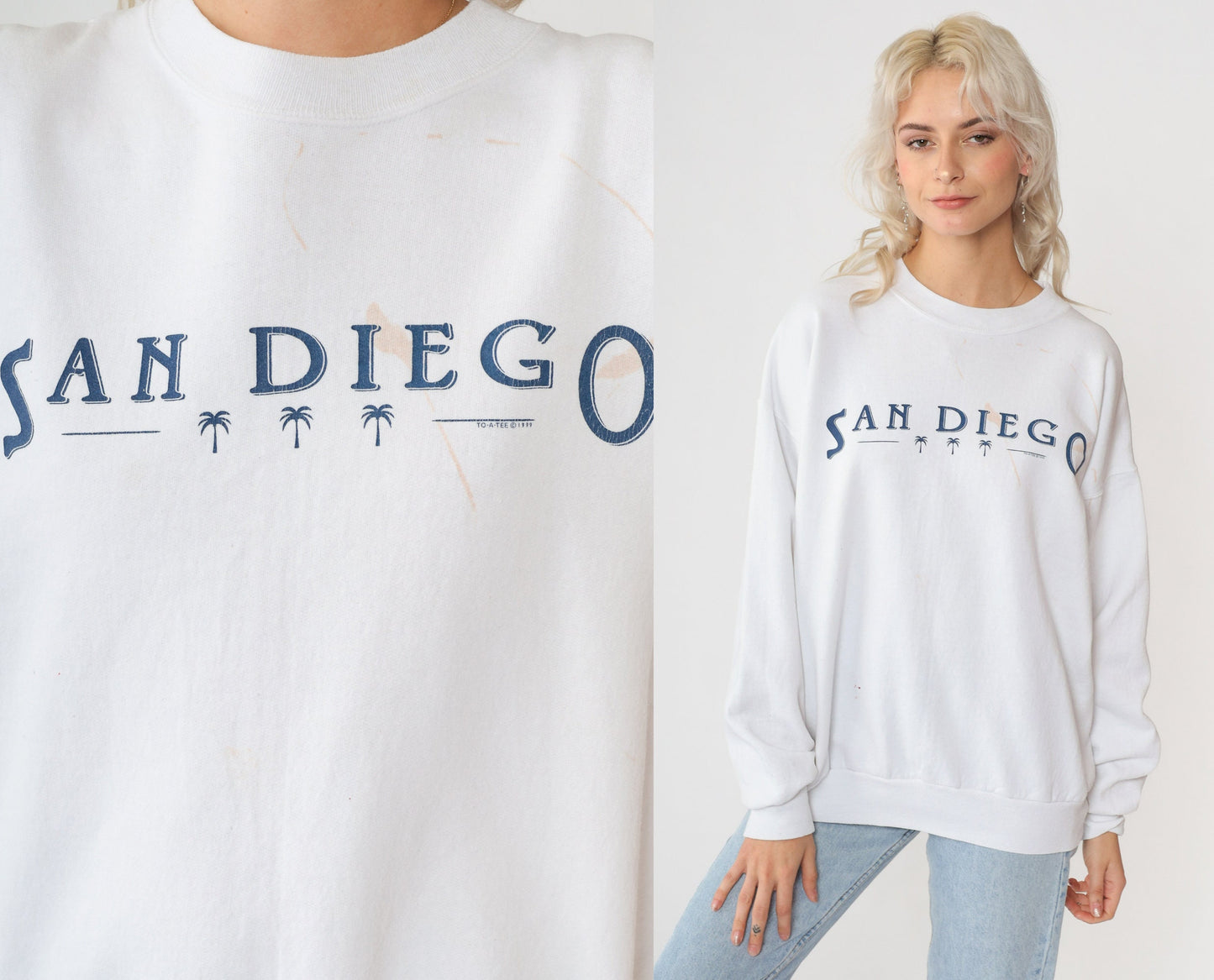 90s San Diego Palm Tree Sweatshirt White Graphic Crewneck Paint Splatter Large