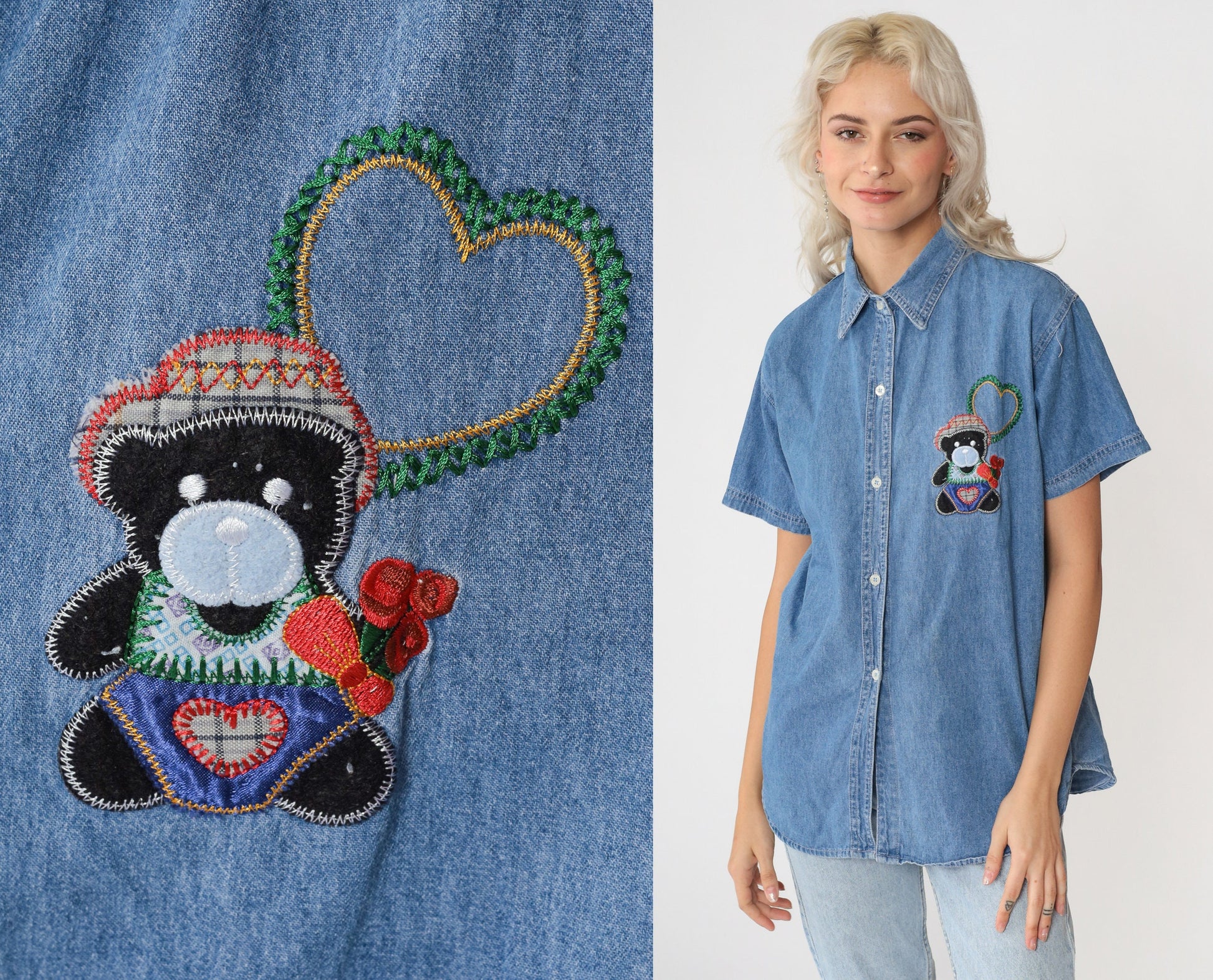 90s Cactus Clothing Denim Button Down Teddy Bear Heart Embroidered Shirt Medium